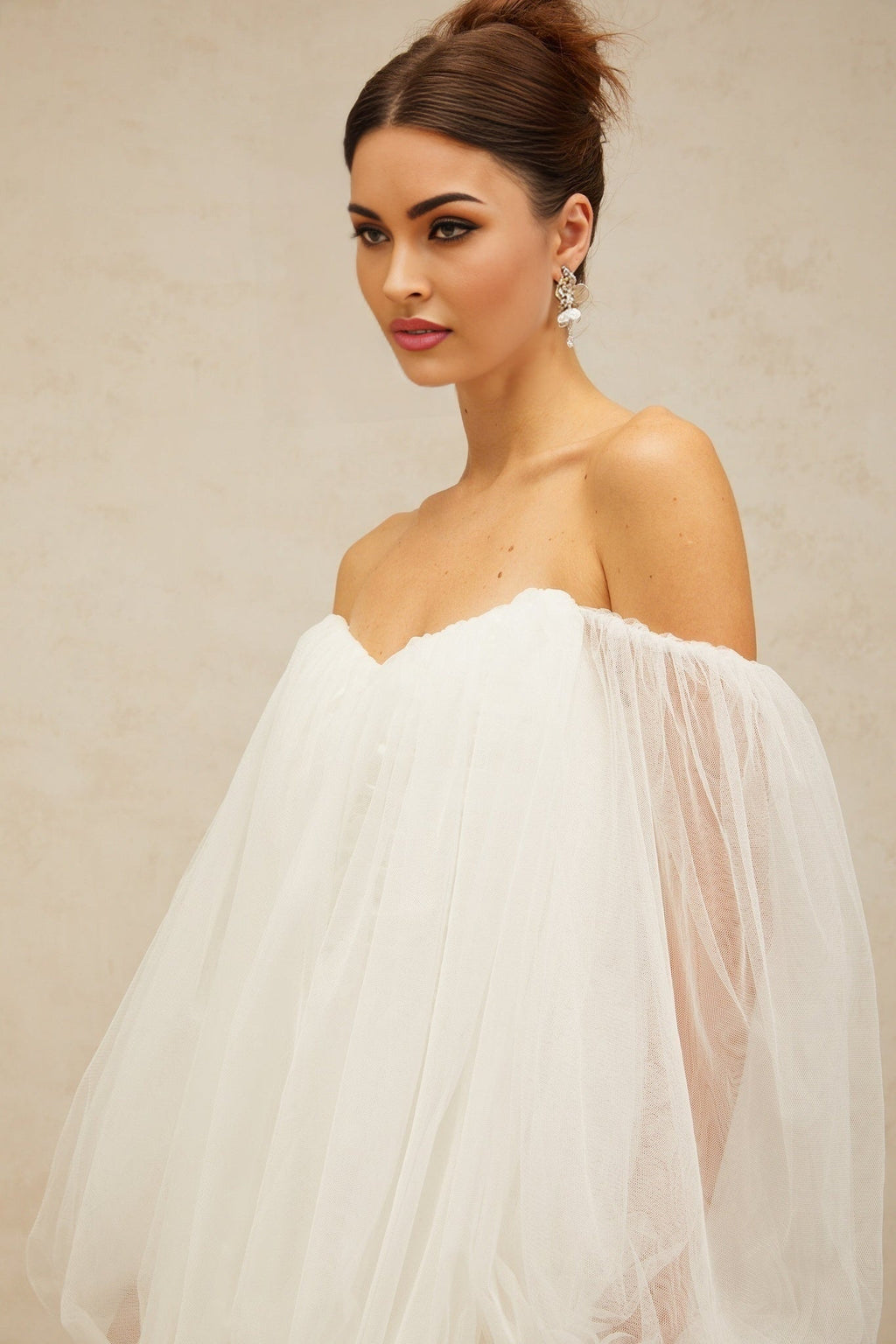 Ashley Mini Dress - Tulle Strapless Bubble Skirt Off - the - Shoulder Puff Sleeves