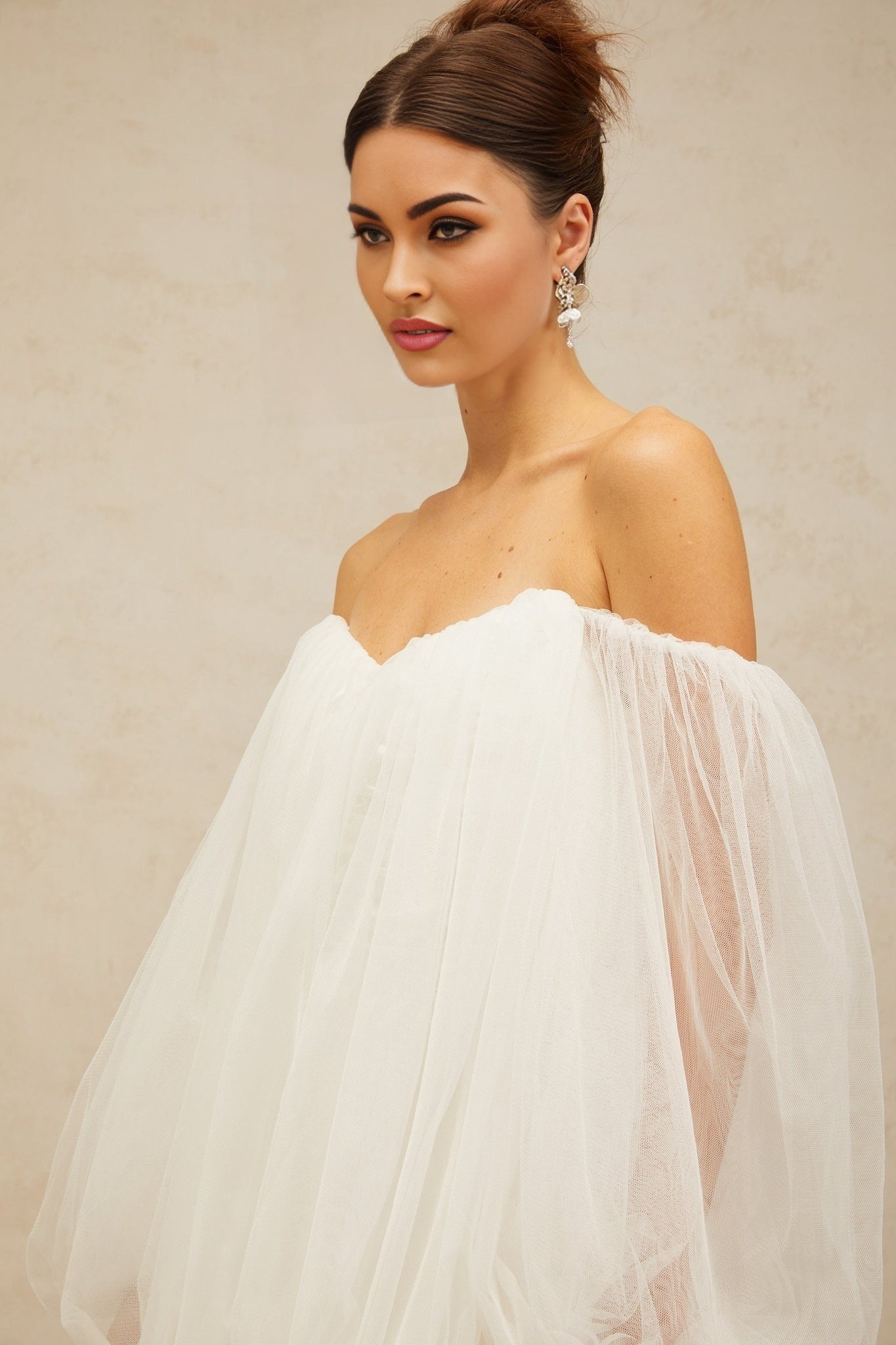 Ashley Mini Dress - Tulle Strapless Bubble Skirt Off - the - Shoulder Puff Sleeves
