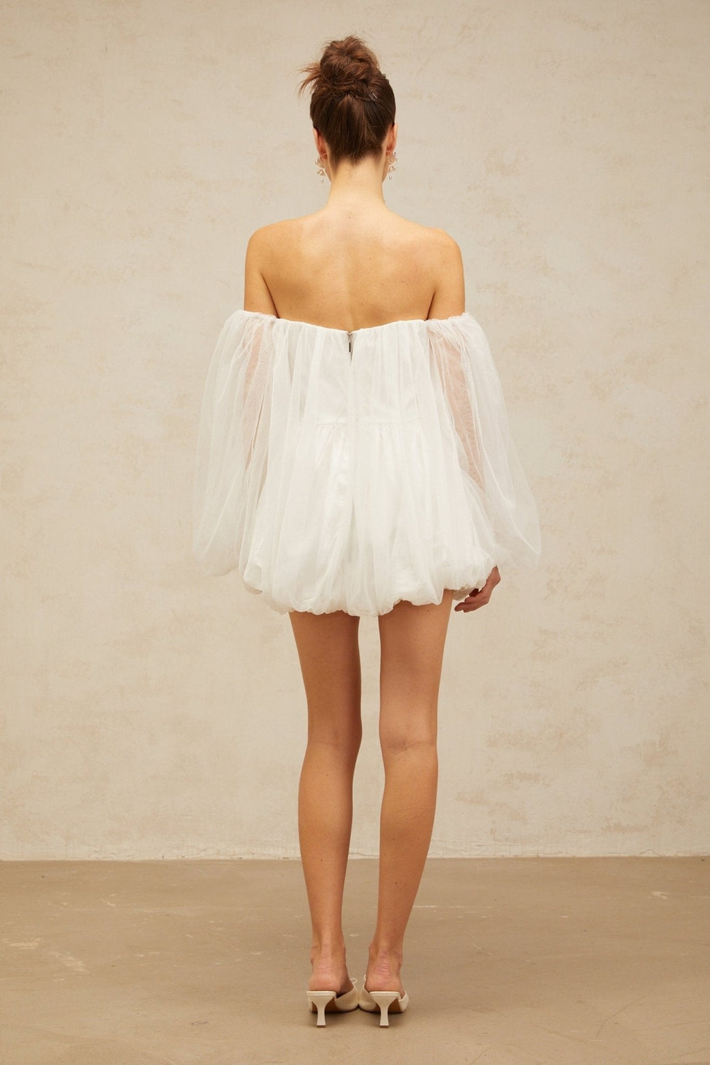 Ashley Mini Dress - Tulle Strapless Bubble Skirt Off - the - Shoulder Puff Sleeves