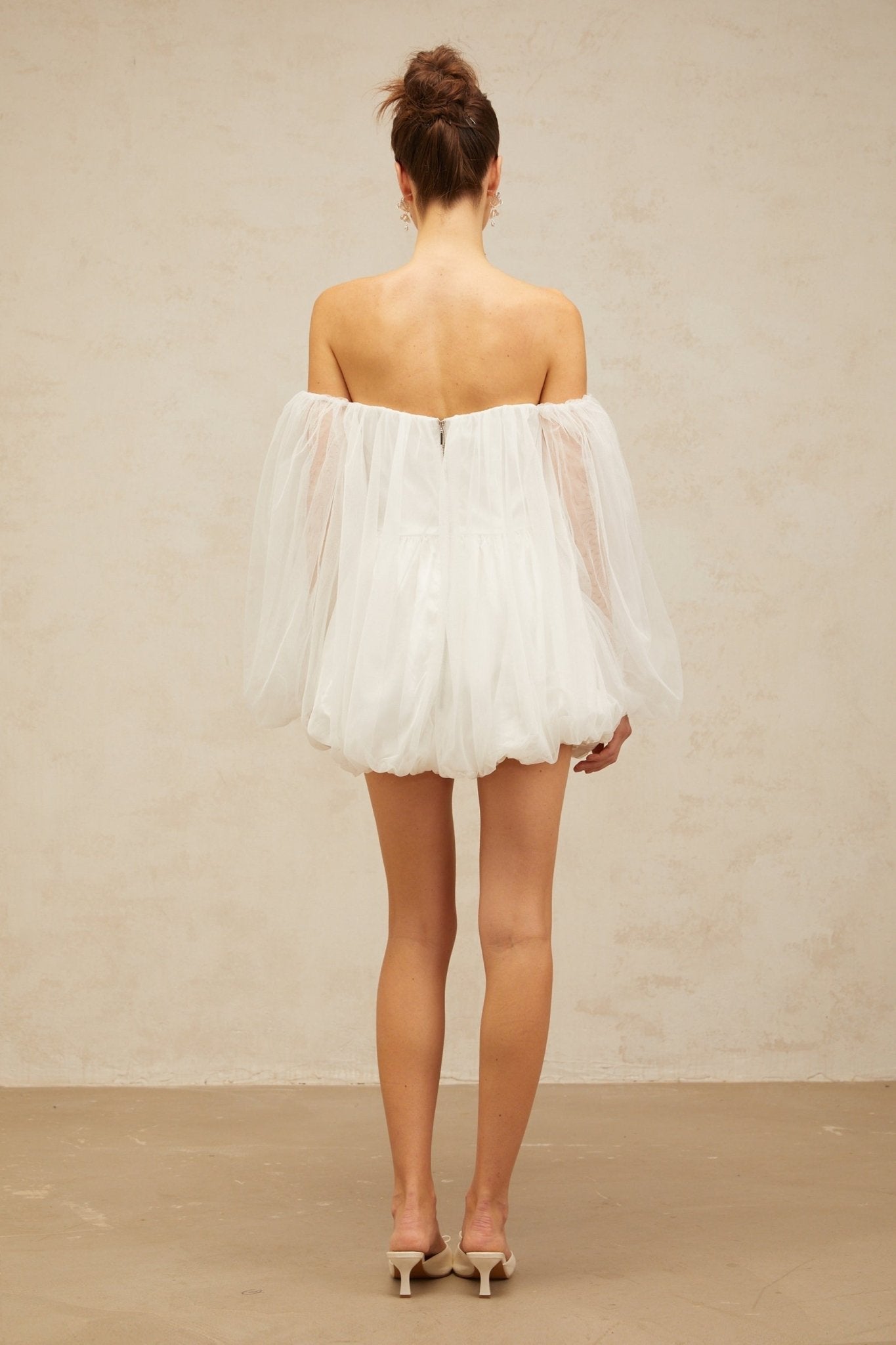 Ashley Mini Dress - Tulle Strapless Bubble Skirt Off - the - Shoulder Puff Sleeves