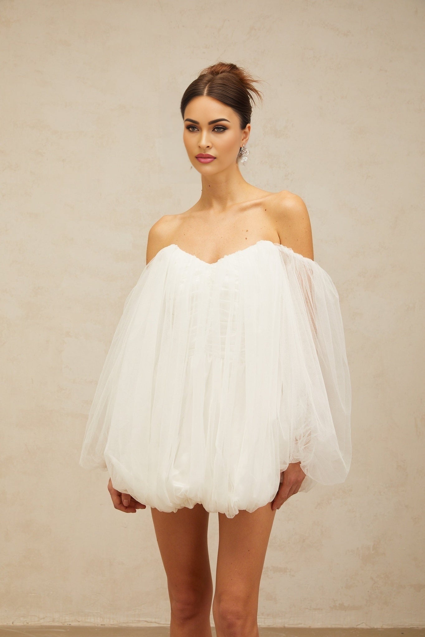 Ashley Mini Dress - Tulle Strapless Bubble Skirt Off - the - Shoulder Puff Sleeves