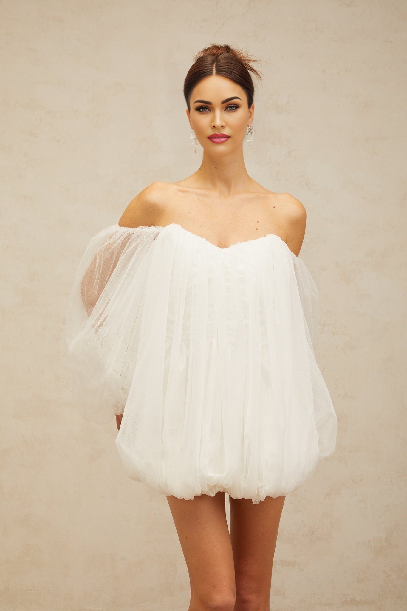 Ashley Mini Dress - Tulle Strapless Bubble Skirt Off - the - Shoulder Puff Sleeves