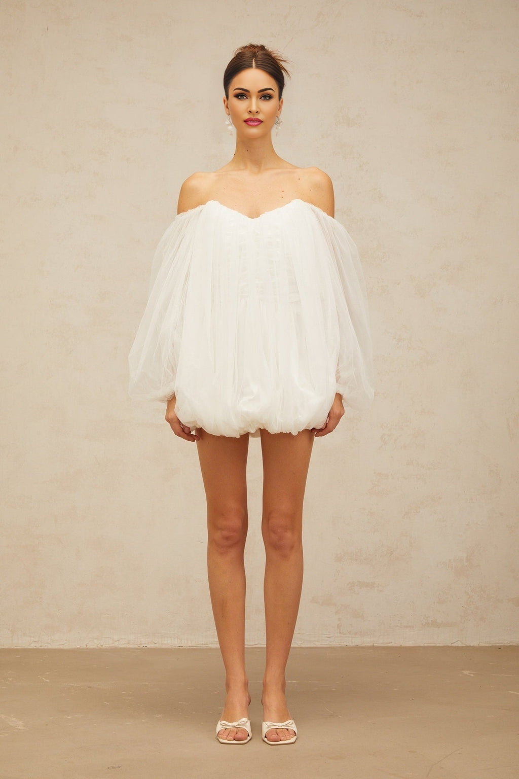 Ashley Mini Dress - Tulle Strapless Bubble Skirt Off - the - Shoulder Puff Sleeves