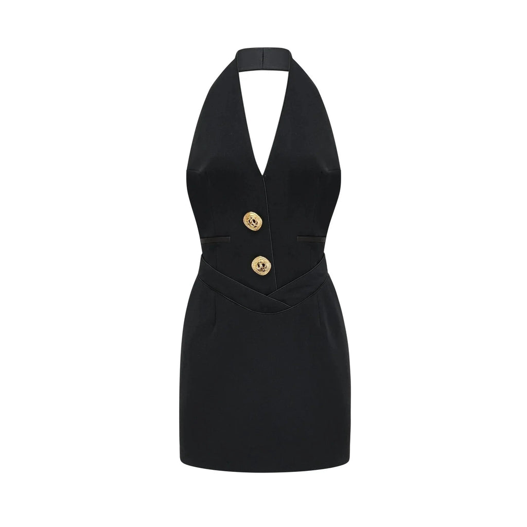 Aspen Halter Neck Mini Dress - Sleeveless - Front Button Detail - Rear Zip - Thigh Length