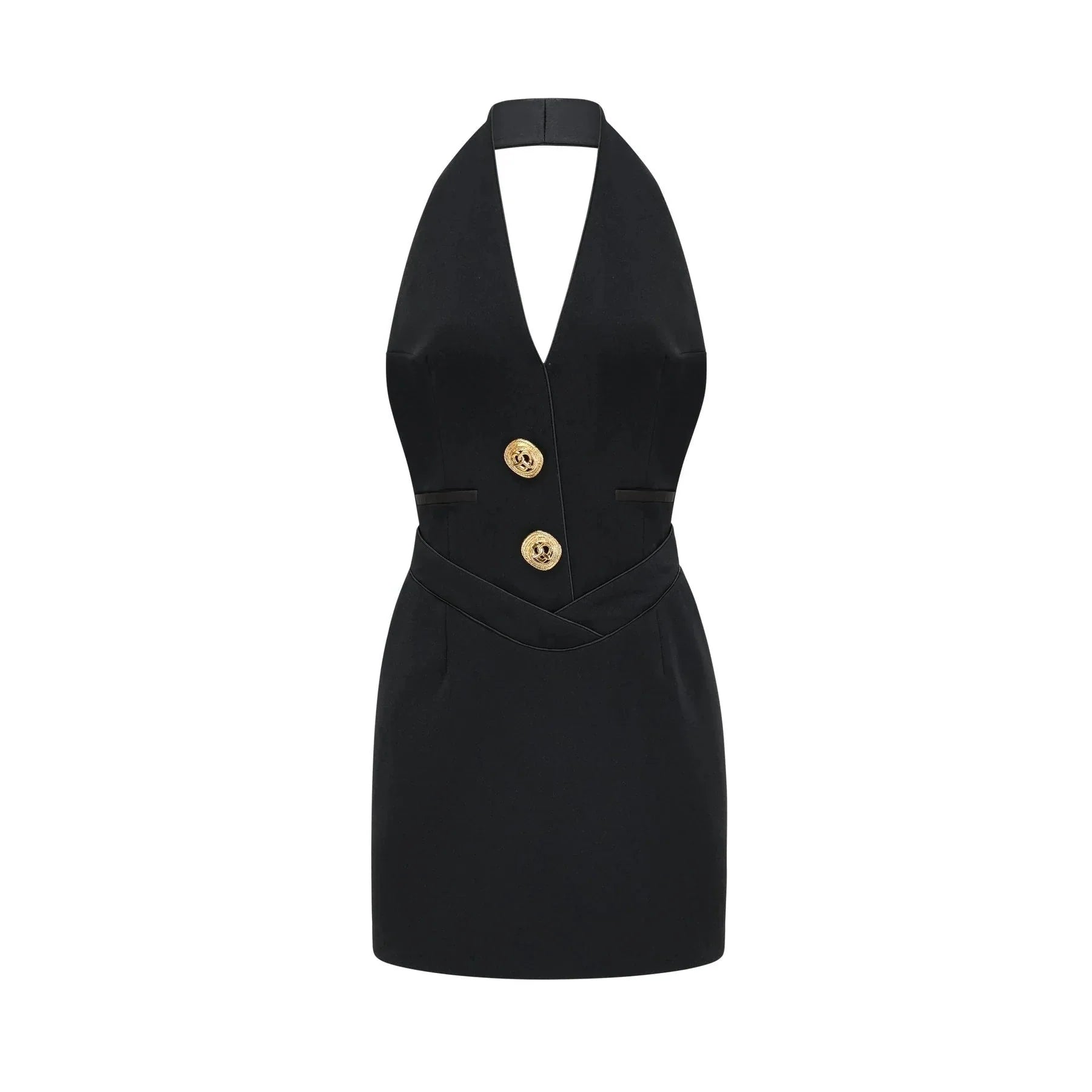Aspen Halter Neck Mini Dress - Sleeveless - Front Button Detail - Rear Zip - Thigh Length