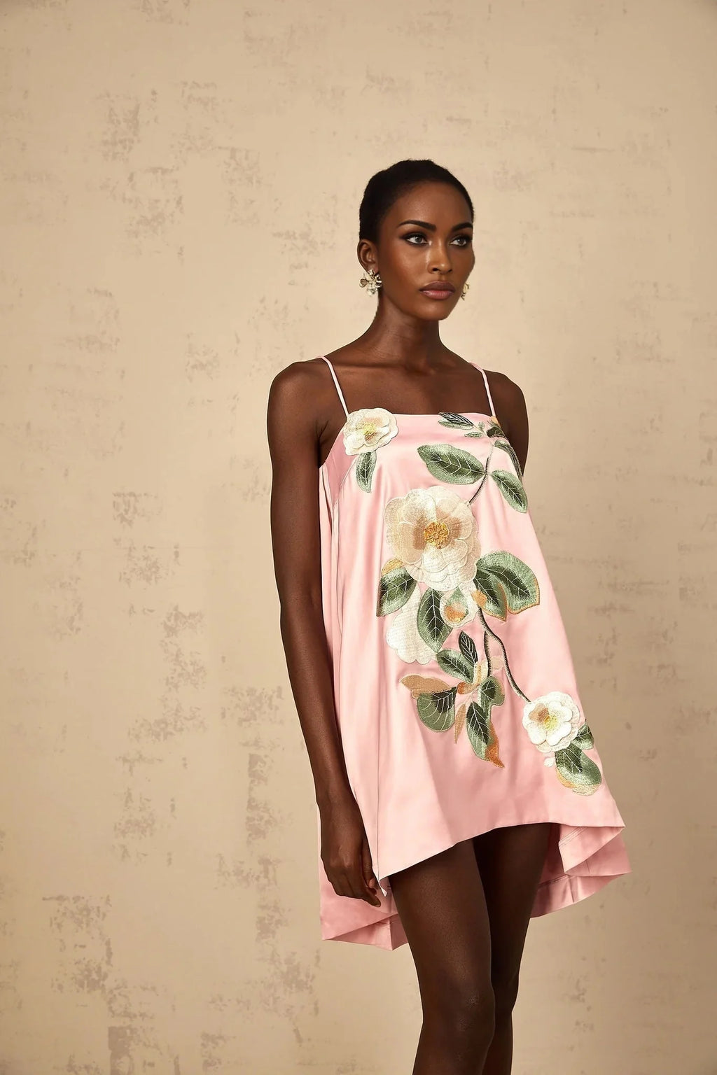 Aspen Mini Dress Pink Floral Embroidered Satin Hem & Straps