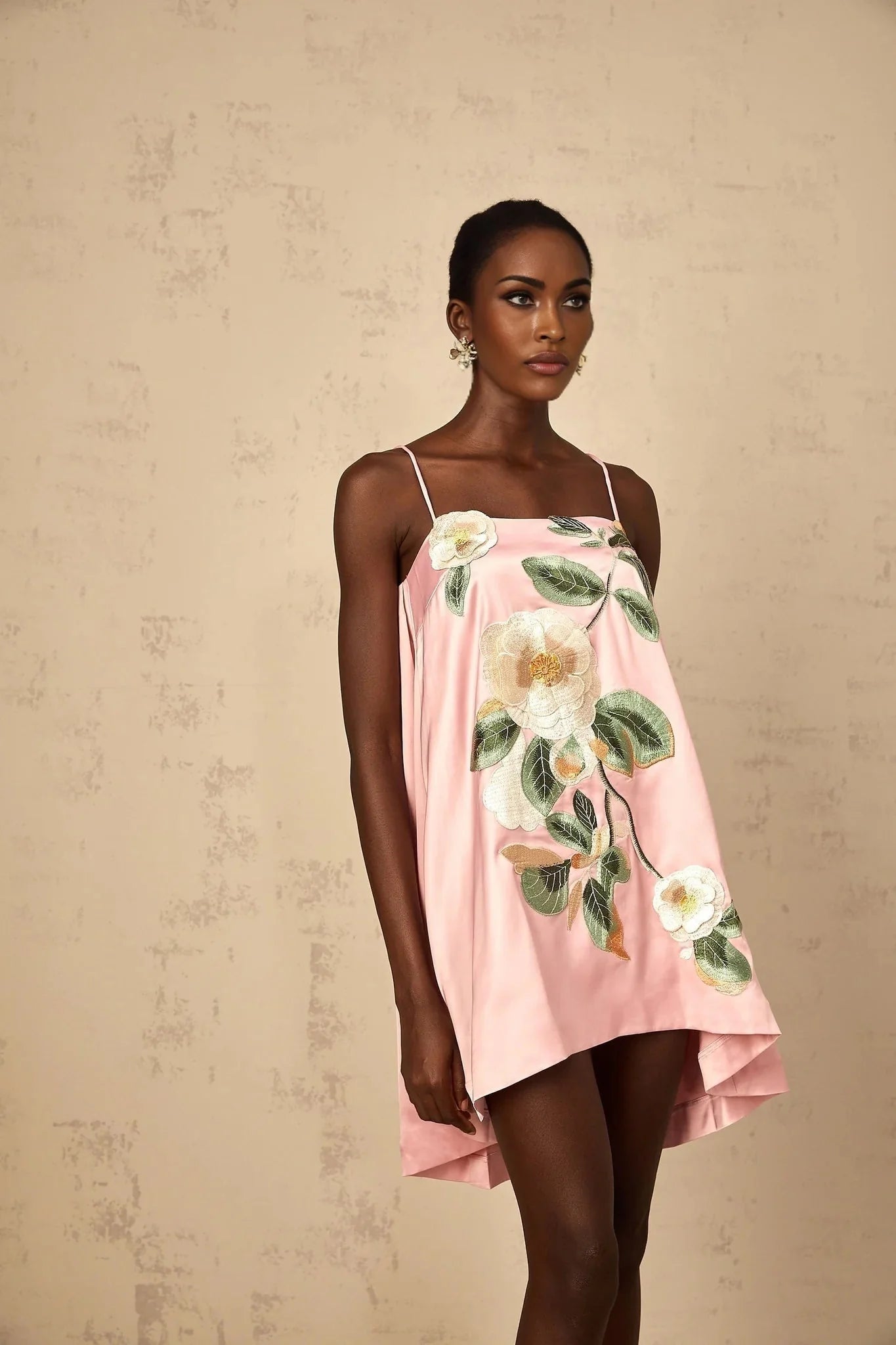 Aspen Mini Dress Pink Floral Embroidered Satin Hem & Straps