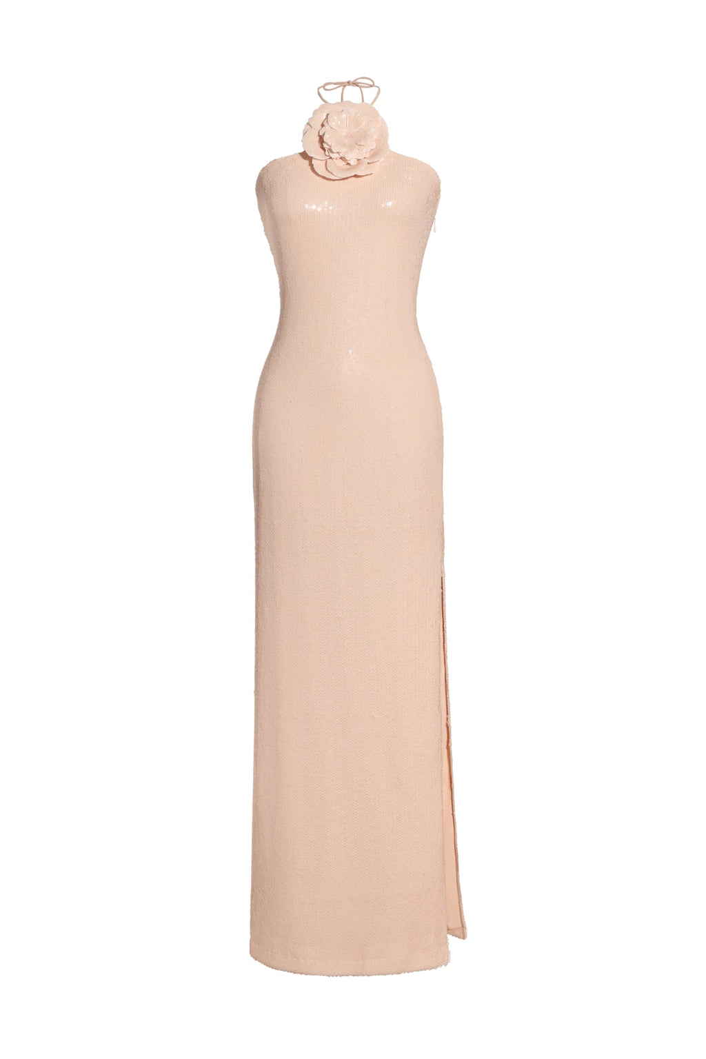 Aspen Pink Halter Neck Floral Embellished Sequin Dress with Side Slit