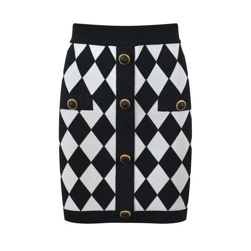 Aspen Skirt - Form - Fitting Pencil Silhouette - Bold Harlequin Pattern - Snug Tailored Fit - Comfortable Knitted Fabric