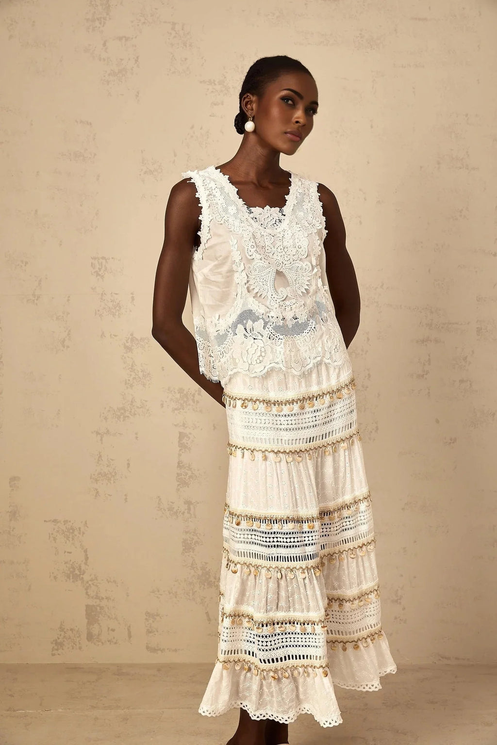 Aspen Skirt with Delicate Lace Trim in White