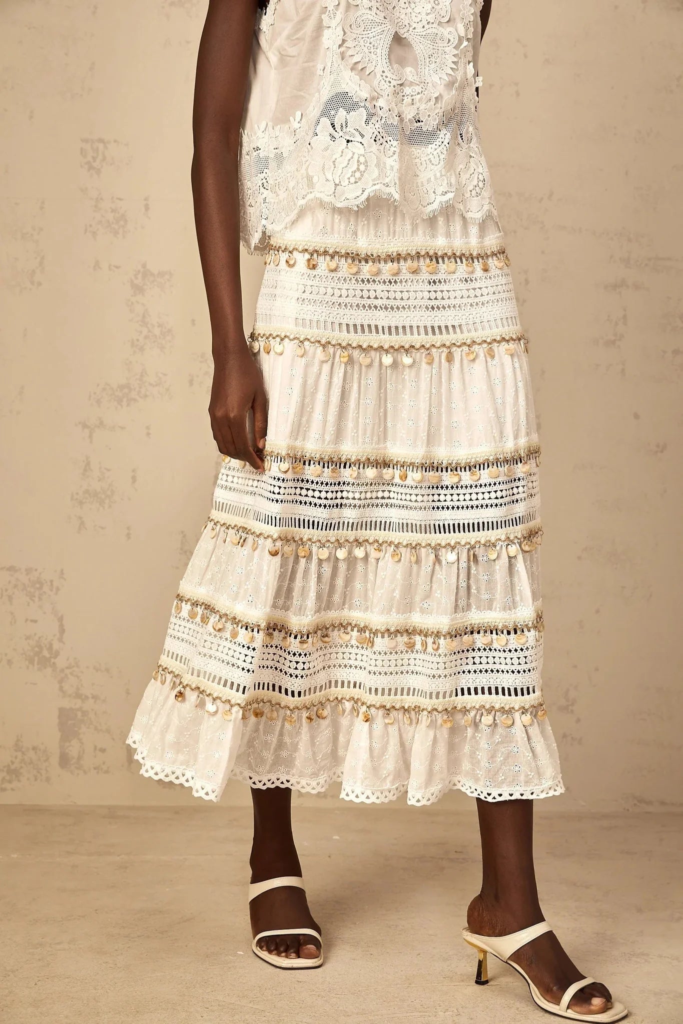 Aspen Skirt with Delicate Lace Trim in White