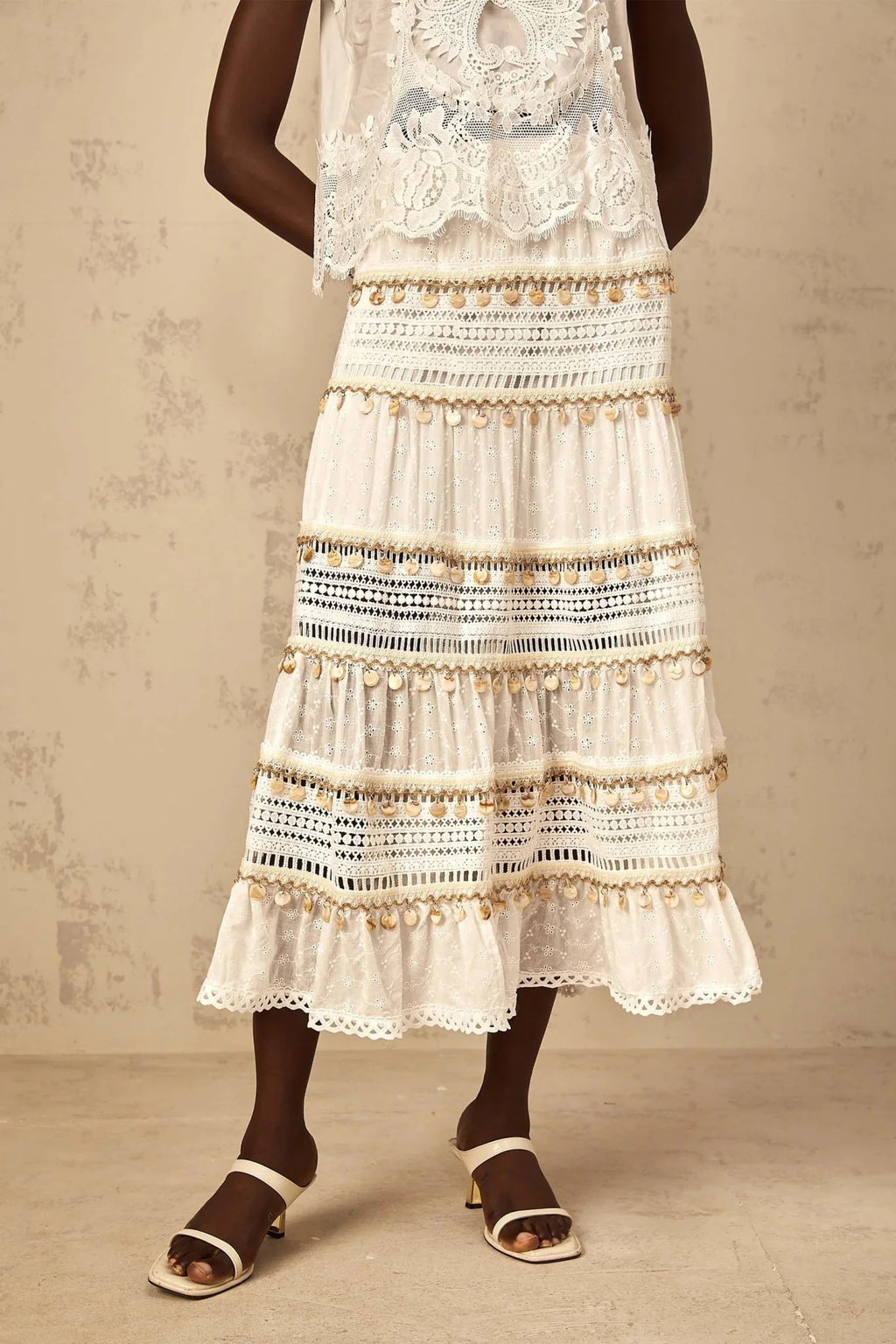 Aspen Skirt with Delicate Lace Trim in White