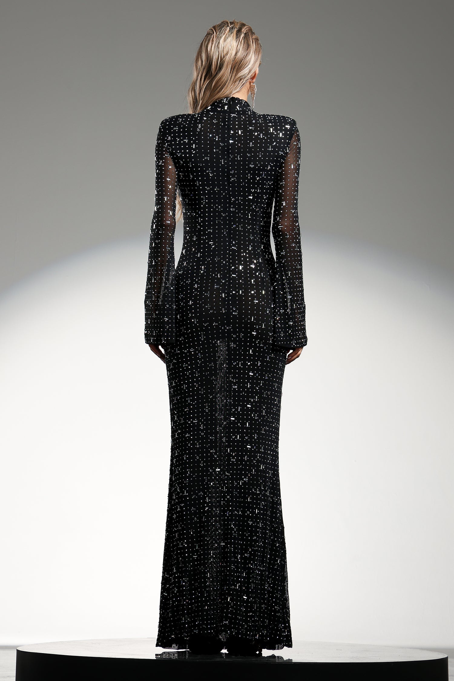 Assunta Black Formal Maxi Dress with High Neckline and Diamond Detailing