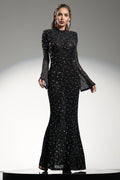 Assunta Black Maxi Dress High Neckline Long Sleeve Diamond Detail Fitted Silhouette Flared Skirt Gala Wedding