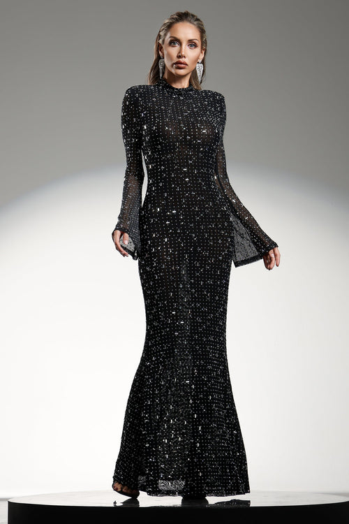 Assunta Black Maxi Dress High Neckline Long Sleeve Diamond Detail Fitted Silhouette Flared Skirt Gala Wedding