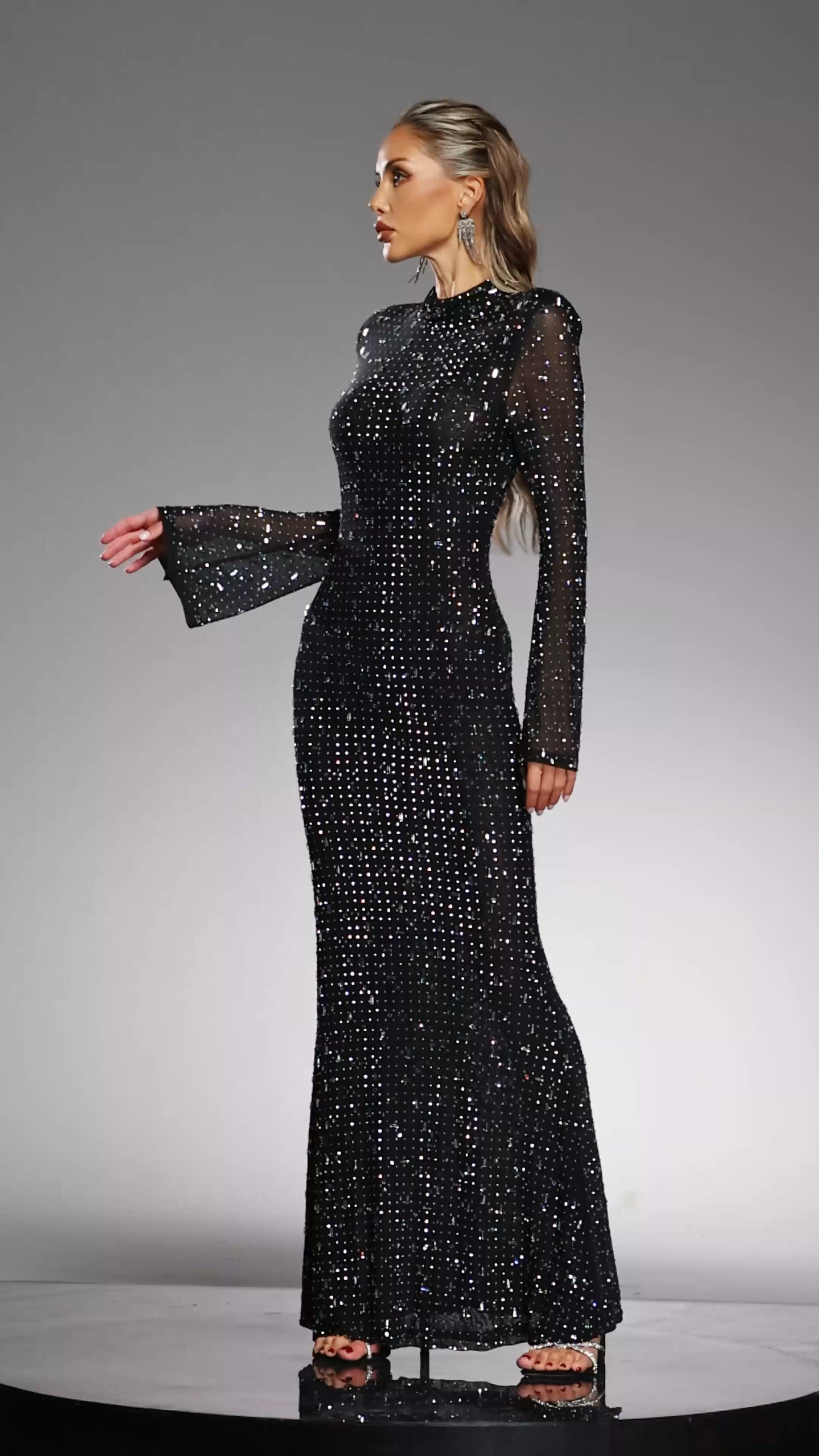 Assunta Black Maxi Dress with High Neckline and Diamond Detailing for Formal Occasions