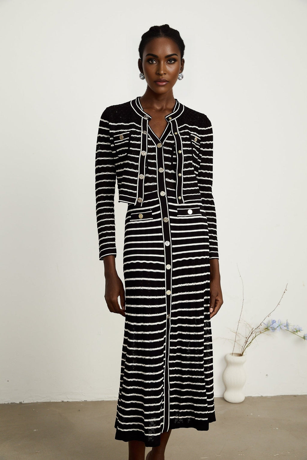 Assunta Cardigan & Dress - Long Sleeves - Contrast Colors - Horizontal Stripe Pattern - Front Button Fastening