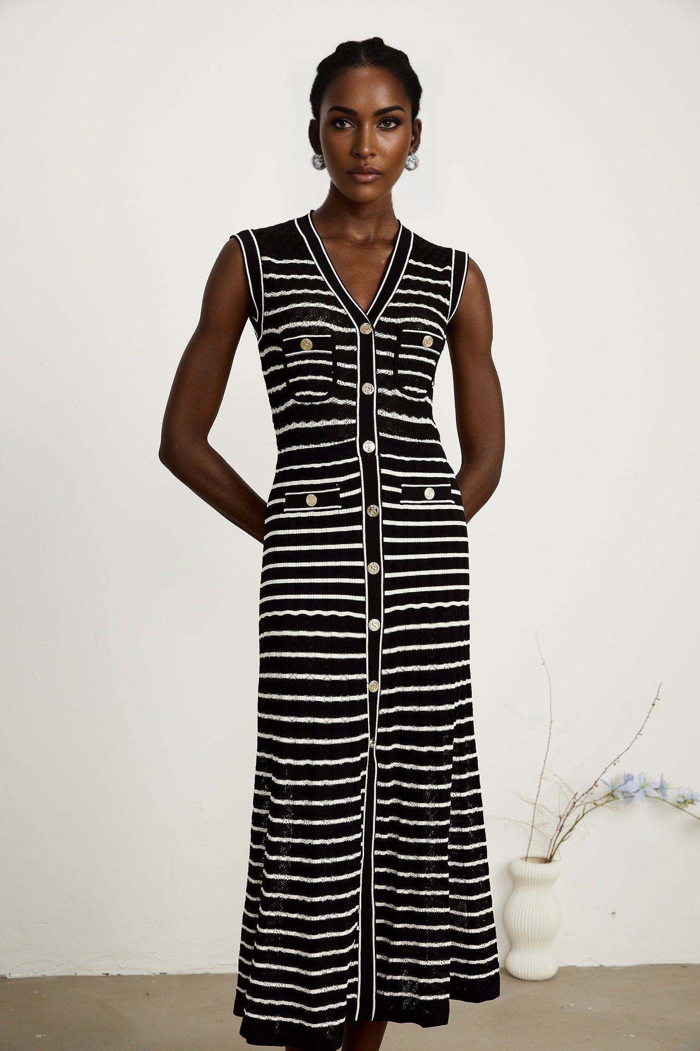 Assunta Cardigan & Dress - Long Sleeves - Contrast Colors - Horizontal Stripe Pattern - Front Button Fastening