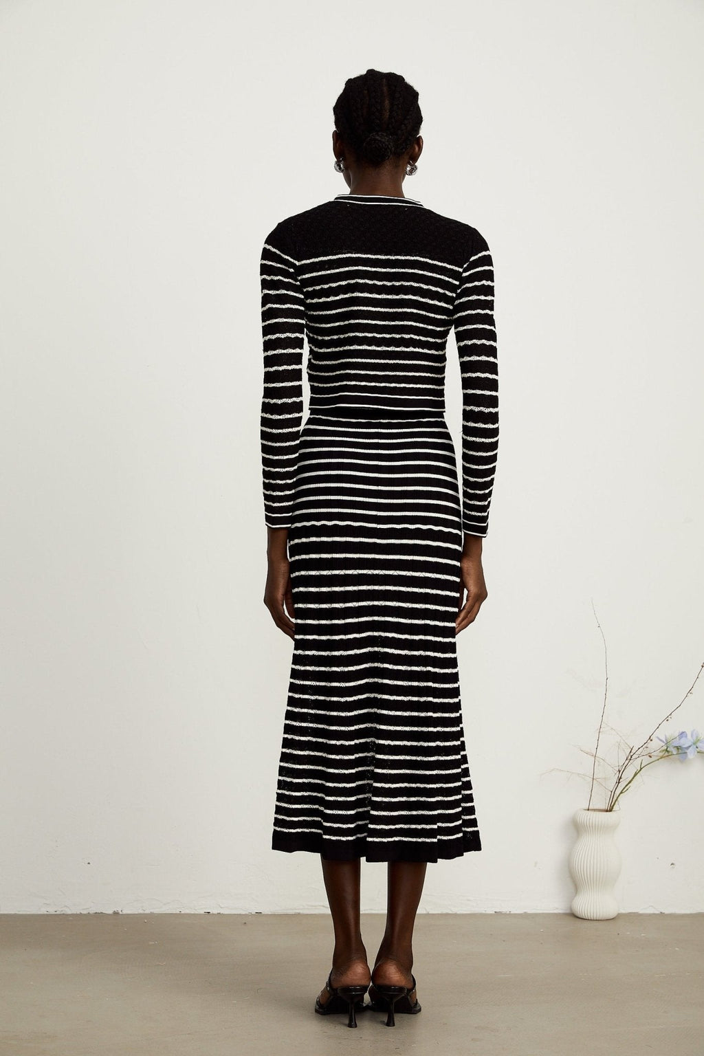 Assunta Cardigan & Dress - Long Sleeves - Contrast Colors - Horizontal Stripe Pattern - Front Button Fastening