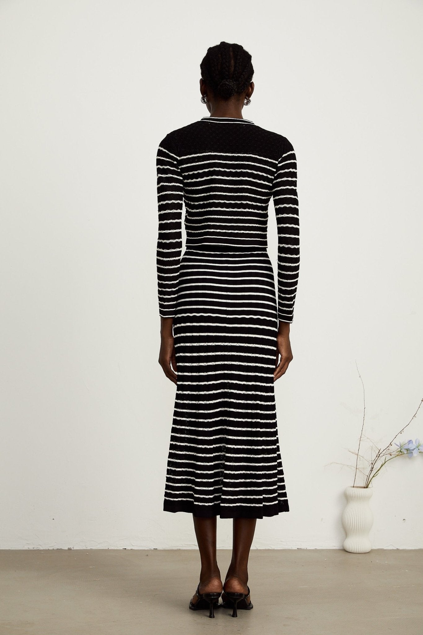 Assunta Cardigan & Dress - Long Sleeves - Contrast Colors - Horizontal Stripe Pattern - Front Button Fastening