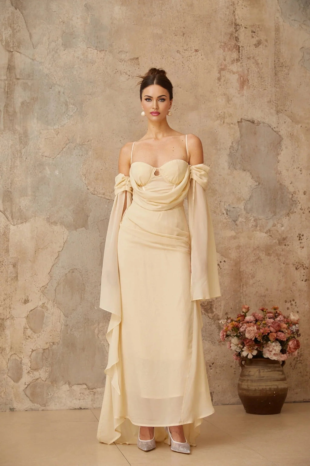 Assunta Maxi Dress Cold Shoulder Sweetheart Neckline & Ruched Detailing