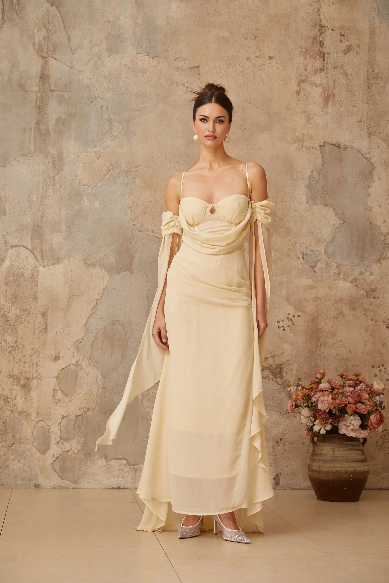 Assunta Maxi Dress Cold Shoulder Sweetheart Neckline & Ruched Detailing