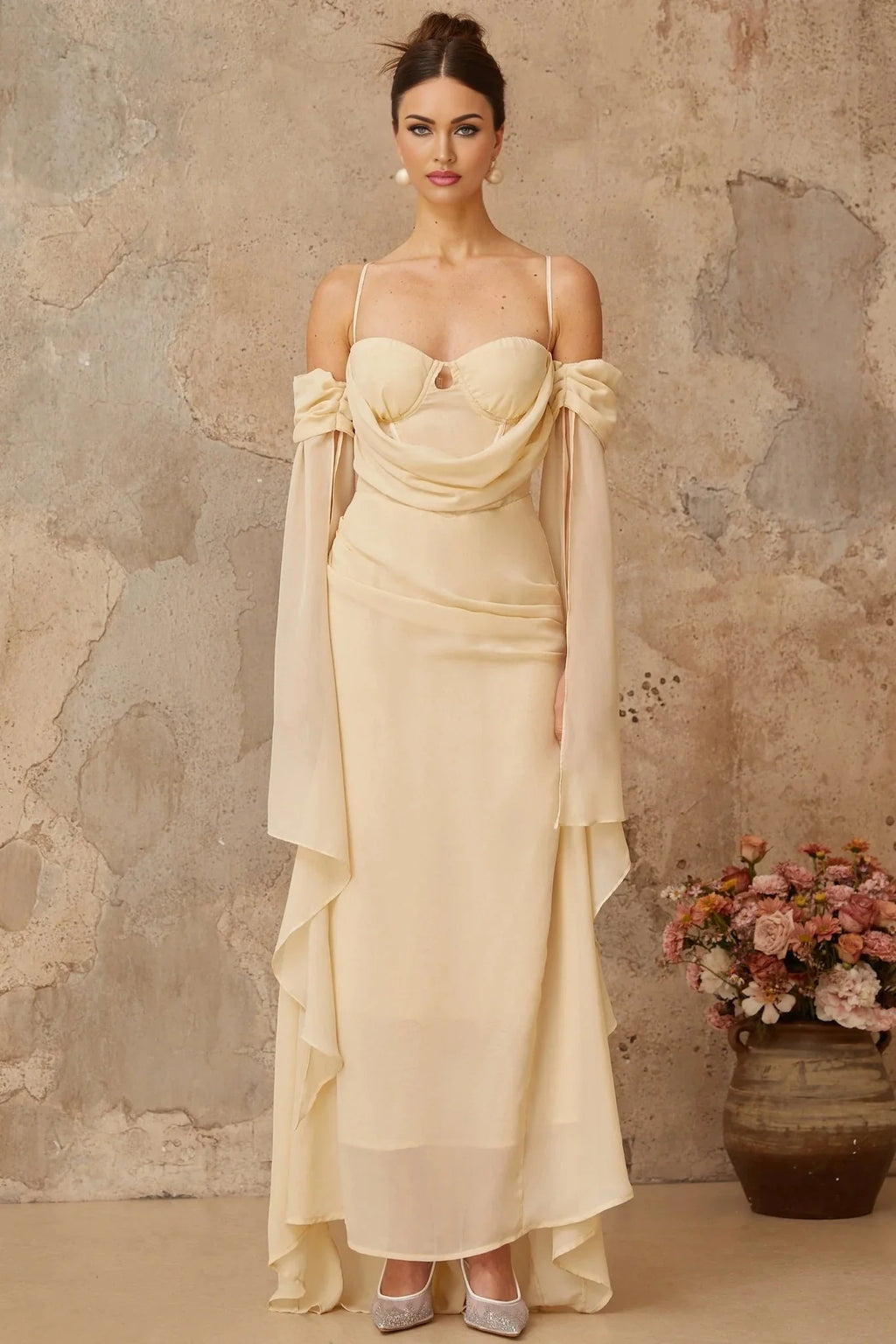 Assunta Maxi Dress Cold Shoulder Sweetheart Neckline & Ruched Detailing