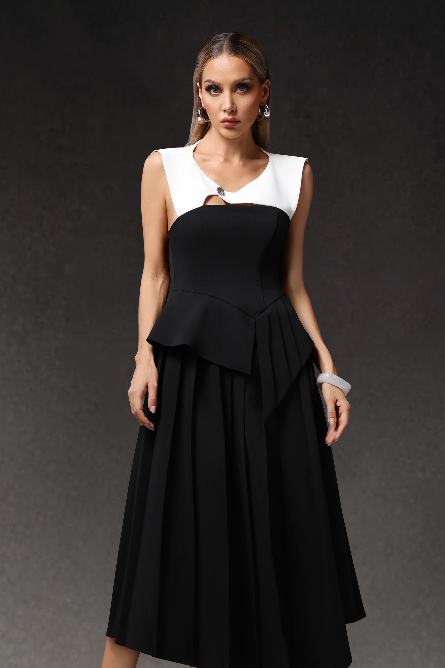 Assuntina Black Color Block Maxi Dress with Irregular Hemline and Hollow Out Detail