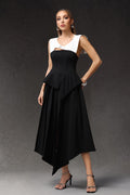 Assuntina Black Maxi Dress with Irregular Hemline and Hollow Out Detail