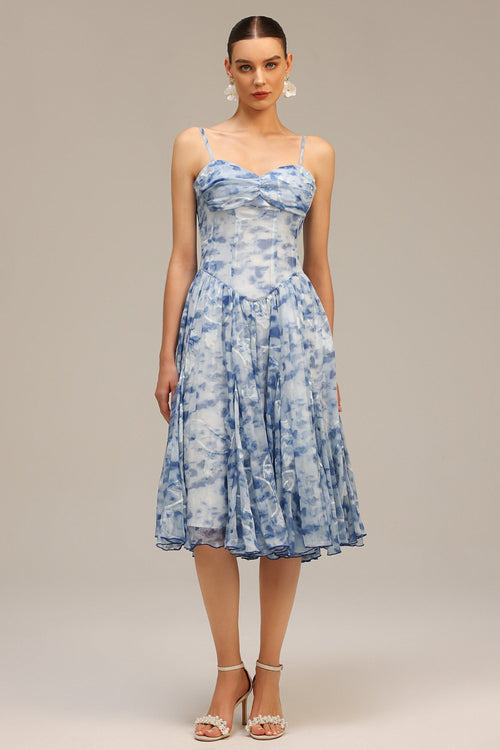 Assuntina Blue Floral Charm Halter Neck Flowing Silhouette Lightweight Fit Detailing Occasions Dress