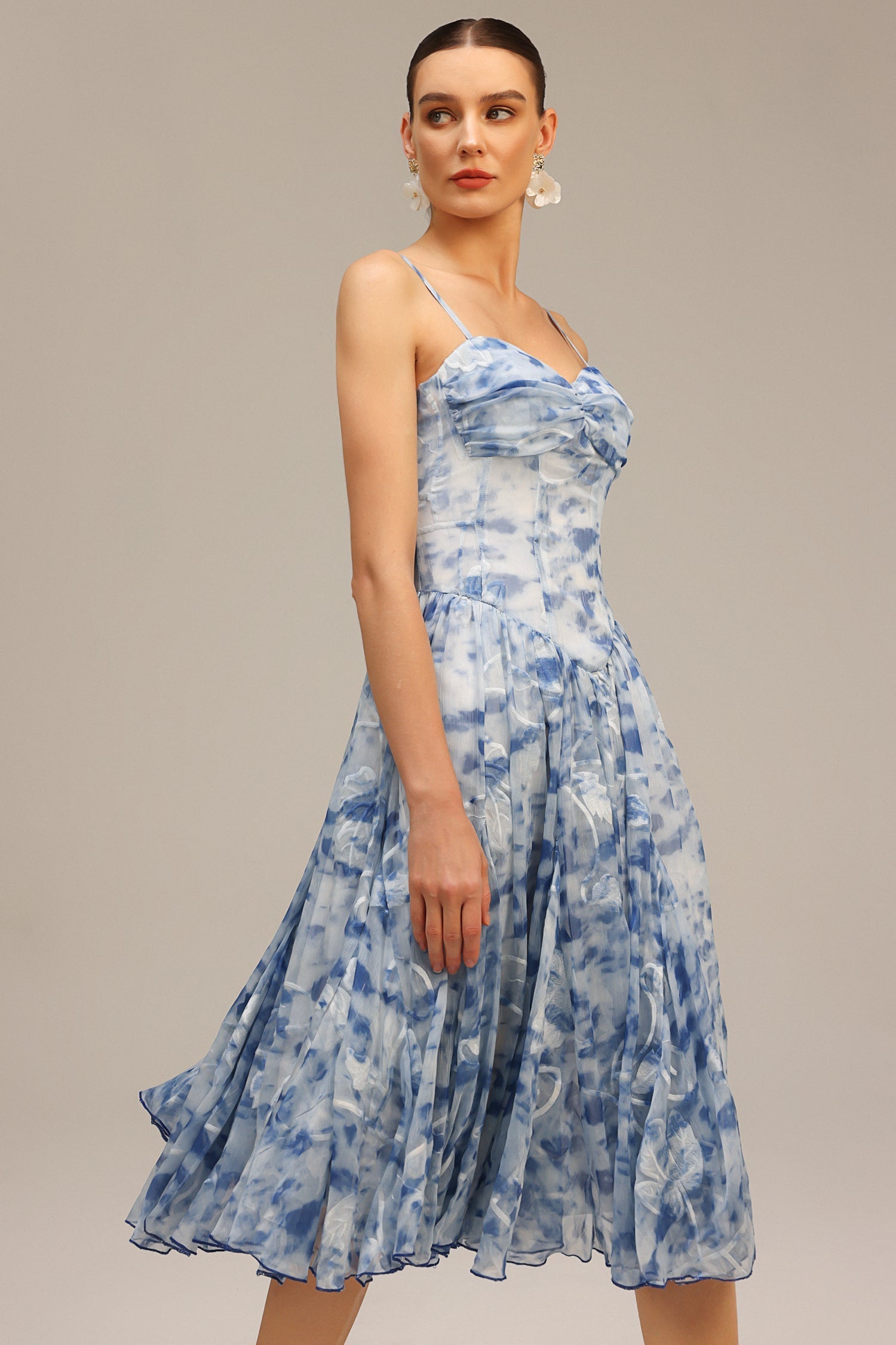 Assuntina Blue Floral Charm Halter Neck Midi Dress