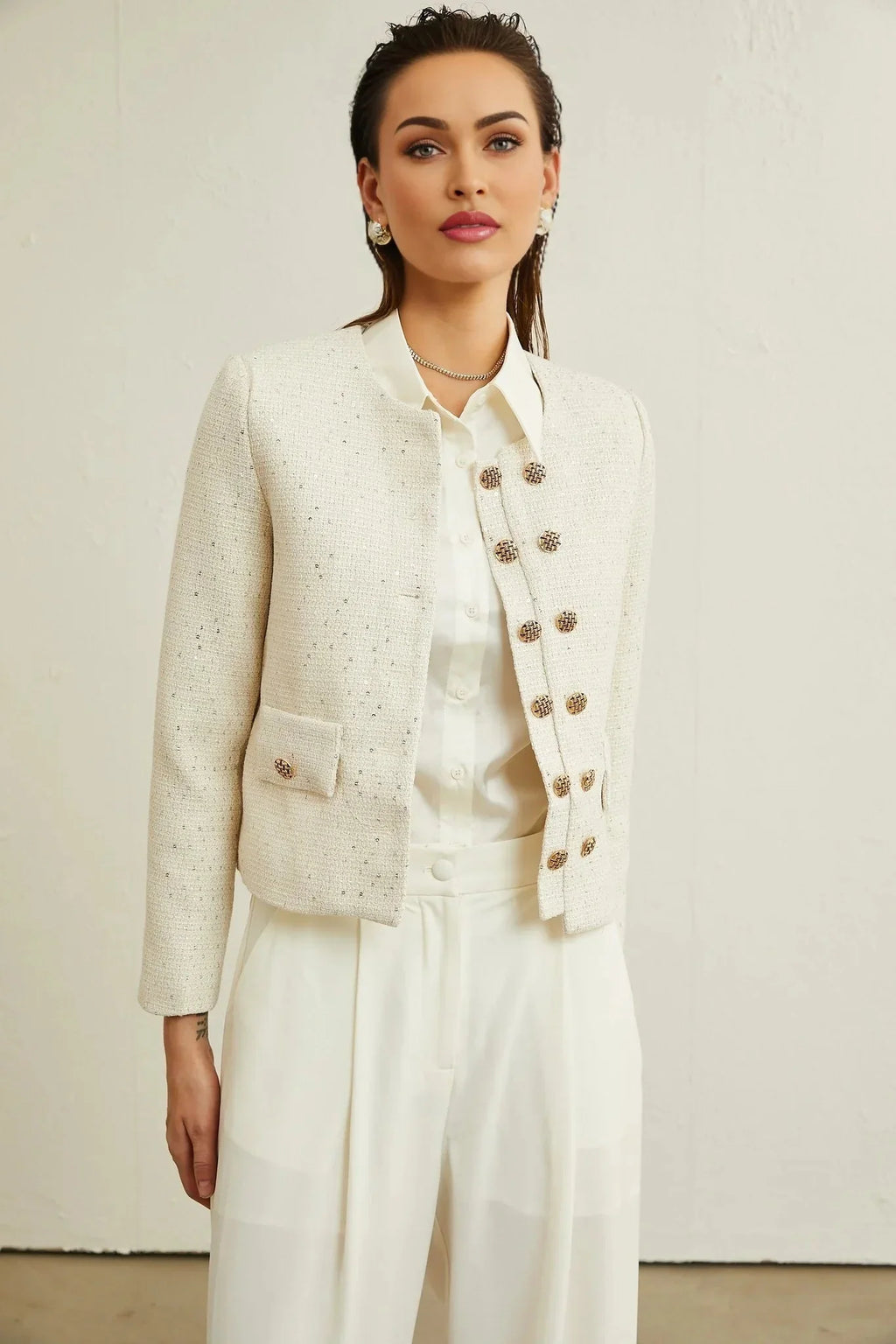 Assuntina Jacket - Tweed - Sequin Embellishments - Buttoned Cuffs - Double - Breasted Fastening