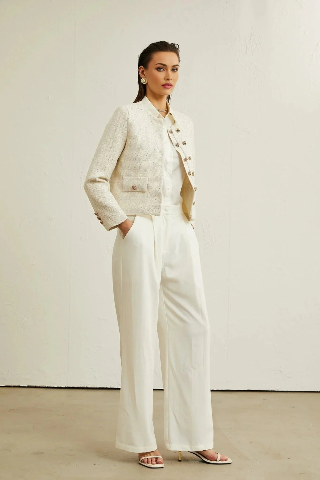 Assuntina Jacket - Tweed - Sequin Embellishments - Buttoned Cuffs - Double - Breasted Fastening