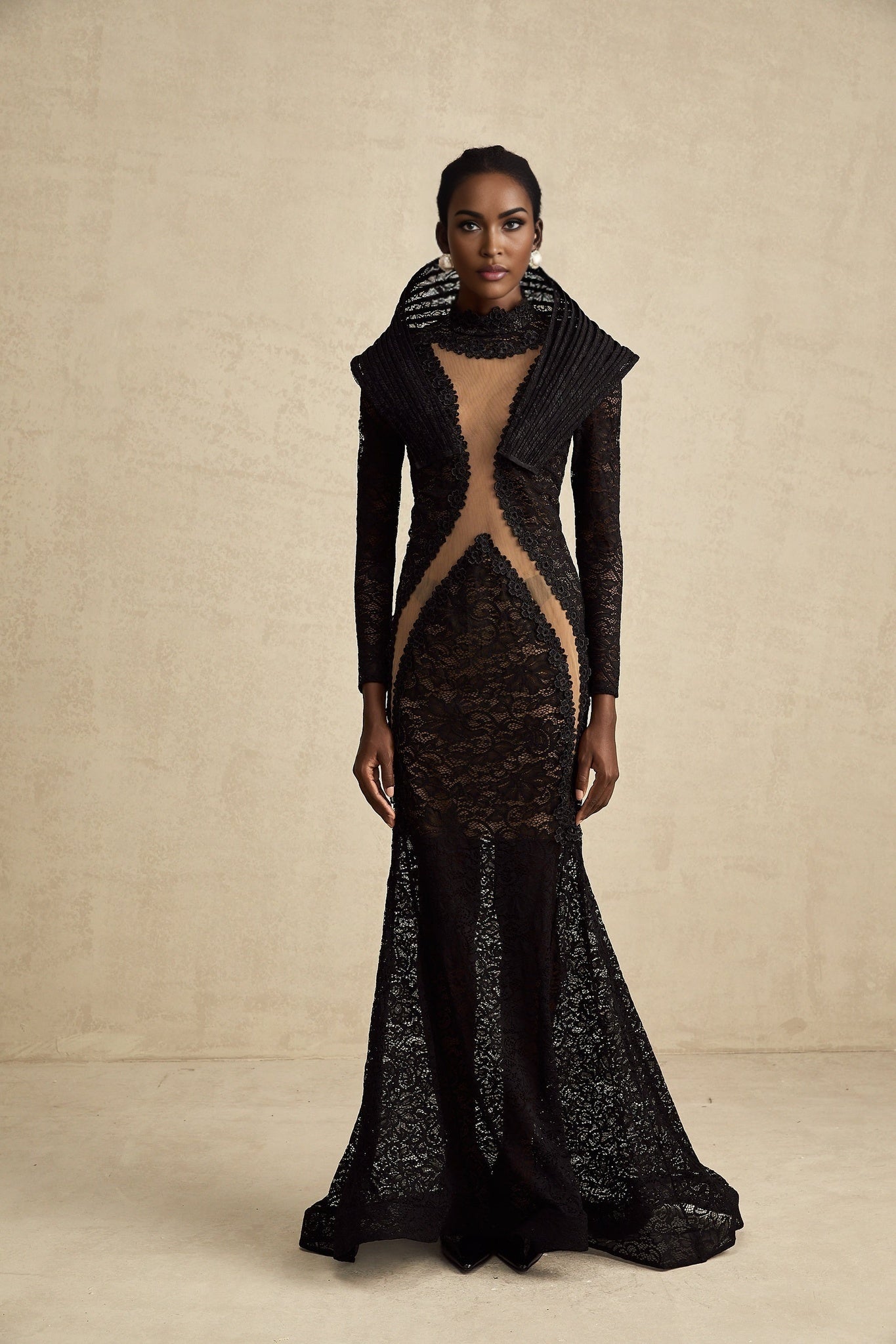 Assuntina Maxi Dress - Floral Lace Overlay - Semi - Sheer Construction - Structured Design - Fishtail Hem - Mesh Detail
