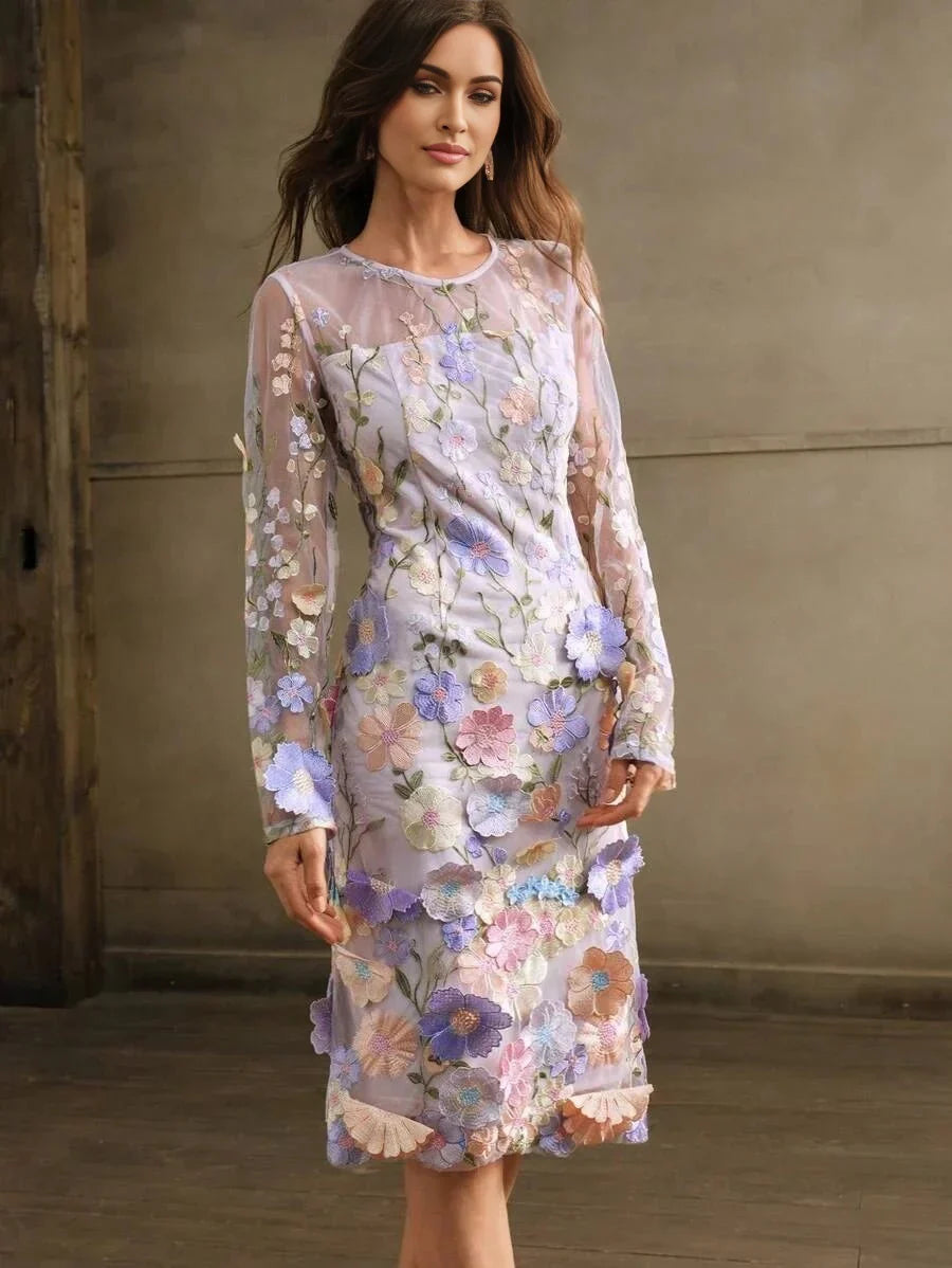 Assuntina Midi Dress - Round Neck - Long Sleeve - Floral Print - Elegant Style - Slim Fit