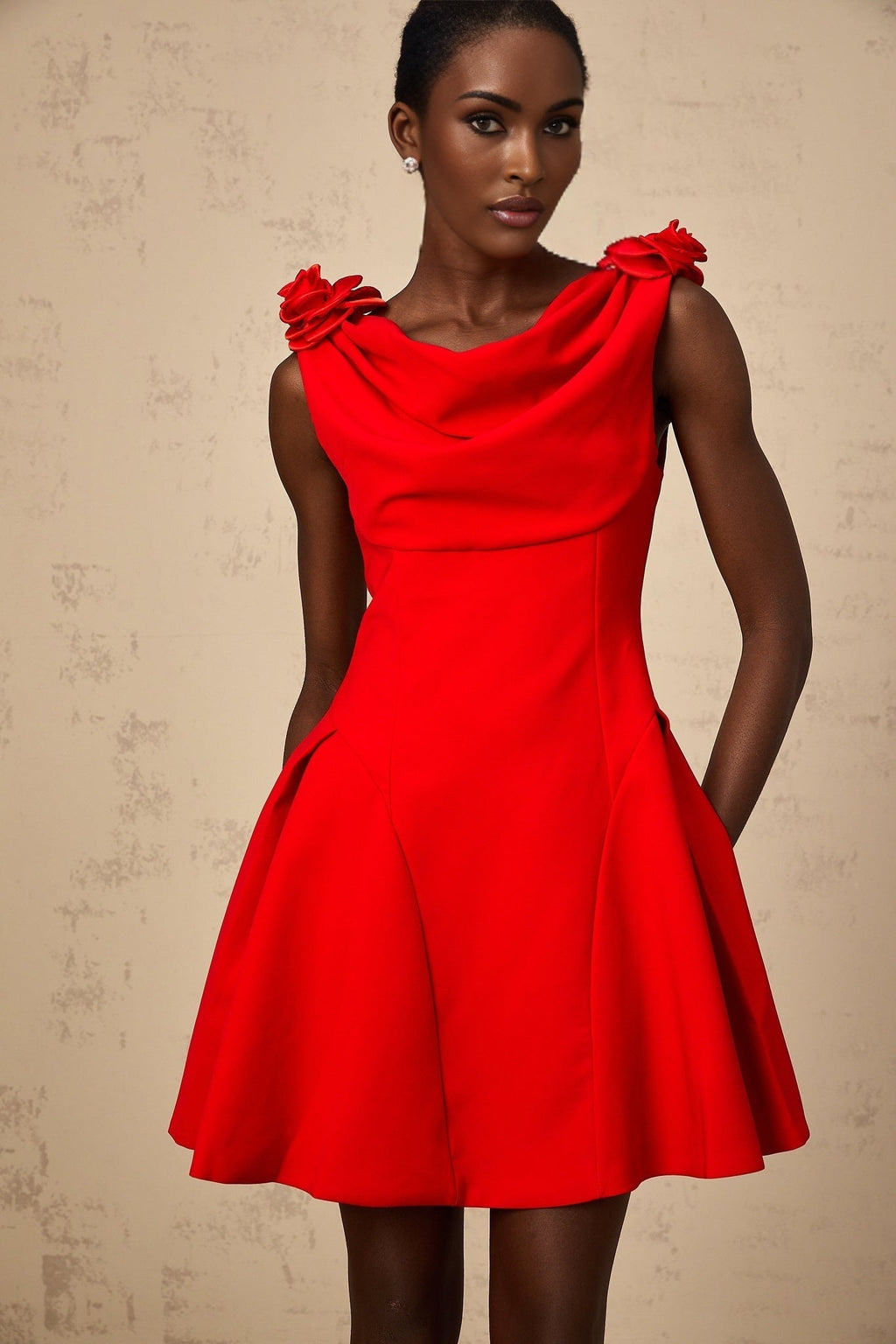 Assuntina Mini Dress - Cowl Neck - Sleeveless - Faux - Flower Detailing - Wide Straps - Flared Skirt