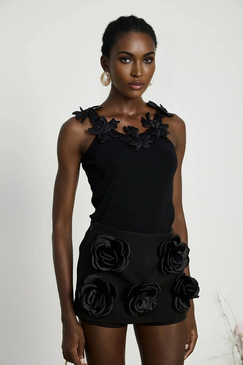 Assuntina Mini Dress - Faux - Flower Embellishment - Side Zip Fastening - Thigh Length - Straight Hem