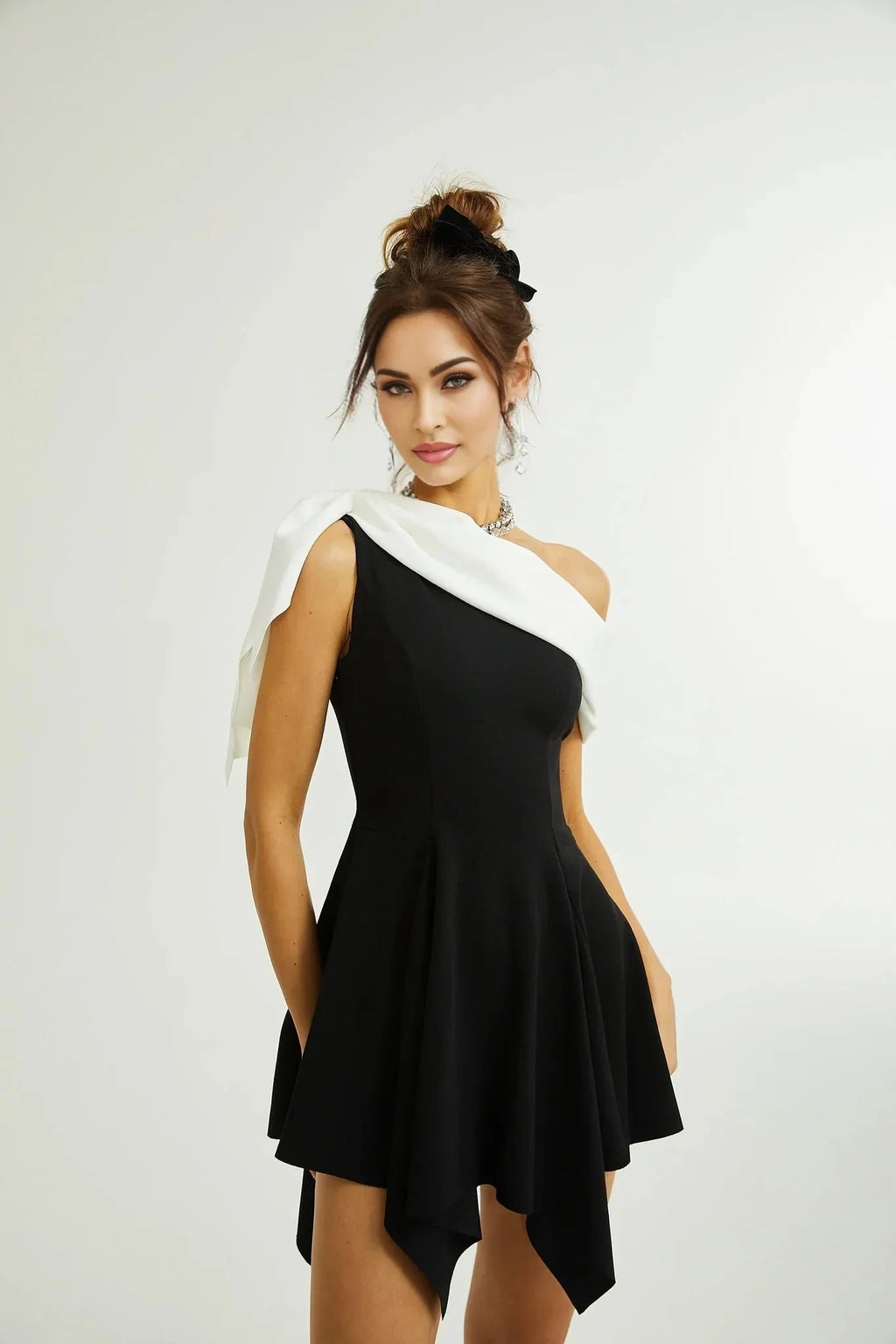 Assuntina Mini Dress - Sleeveless - Mono Shoulder - Asymmetric - Pleated
