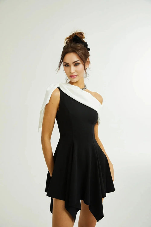 Assuntina Mini Dress - Sleeveless - Mono Shoulder - Asymmetric - Pleated