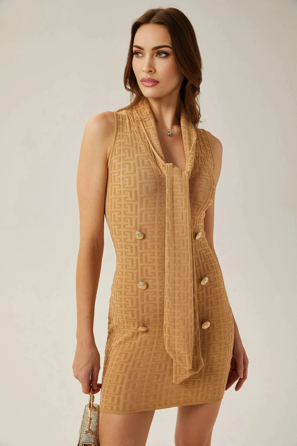 Assuntina Mini Dress - Sleeveless - Scarf Collar - Button Decoration - Fitted Silhouette