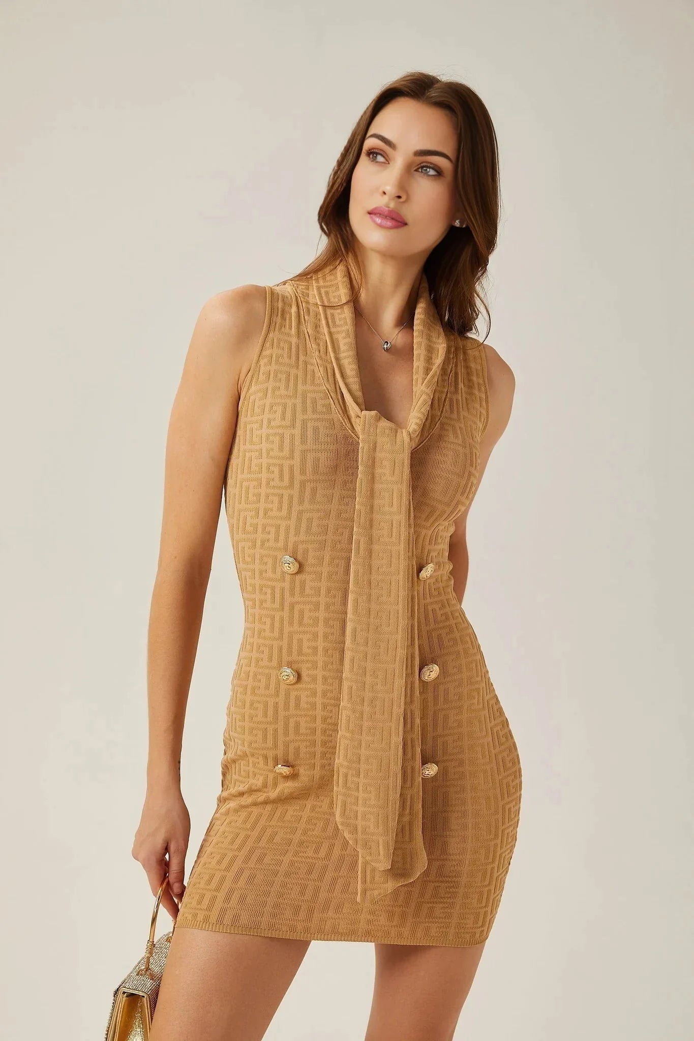 Assuntina Mini Dress - Sleeveless - Scarf Collar - Button Decoration - Fitted Silhouette