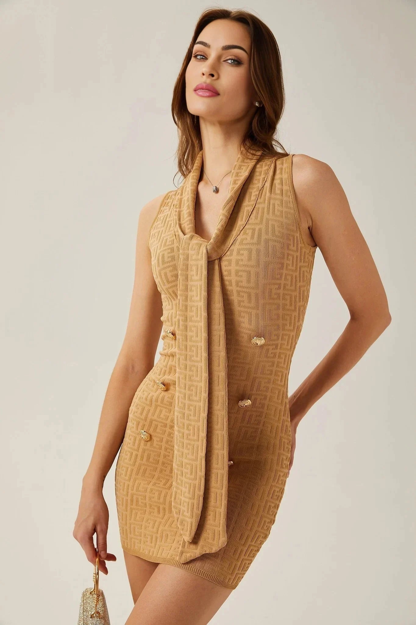 Assuntina Mini Dress - Sleeveless - Scarf Collar - Button Decoration - Fitted Silhouette