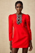 Assuntina Mini Dress - Split Round Neck Design - Elegant Long Sleeves - Delicate Bow Detailing - Modern Open Front Style