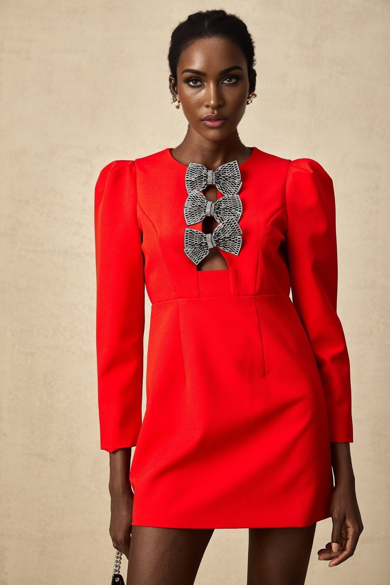 Assuntina Mini Dress - Split Round Neck Design - Elegant Long Sleeves - Delicate Bow Detailing - Modern Open Front Style