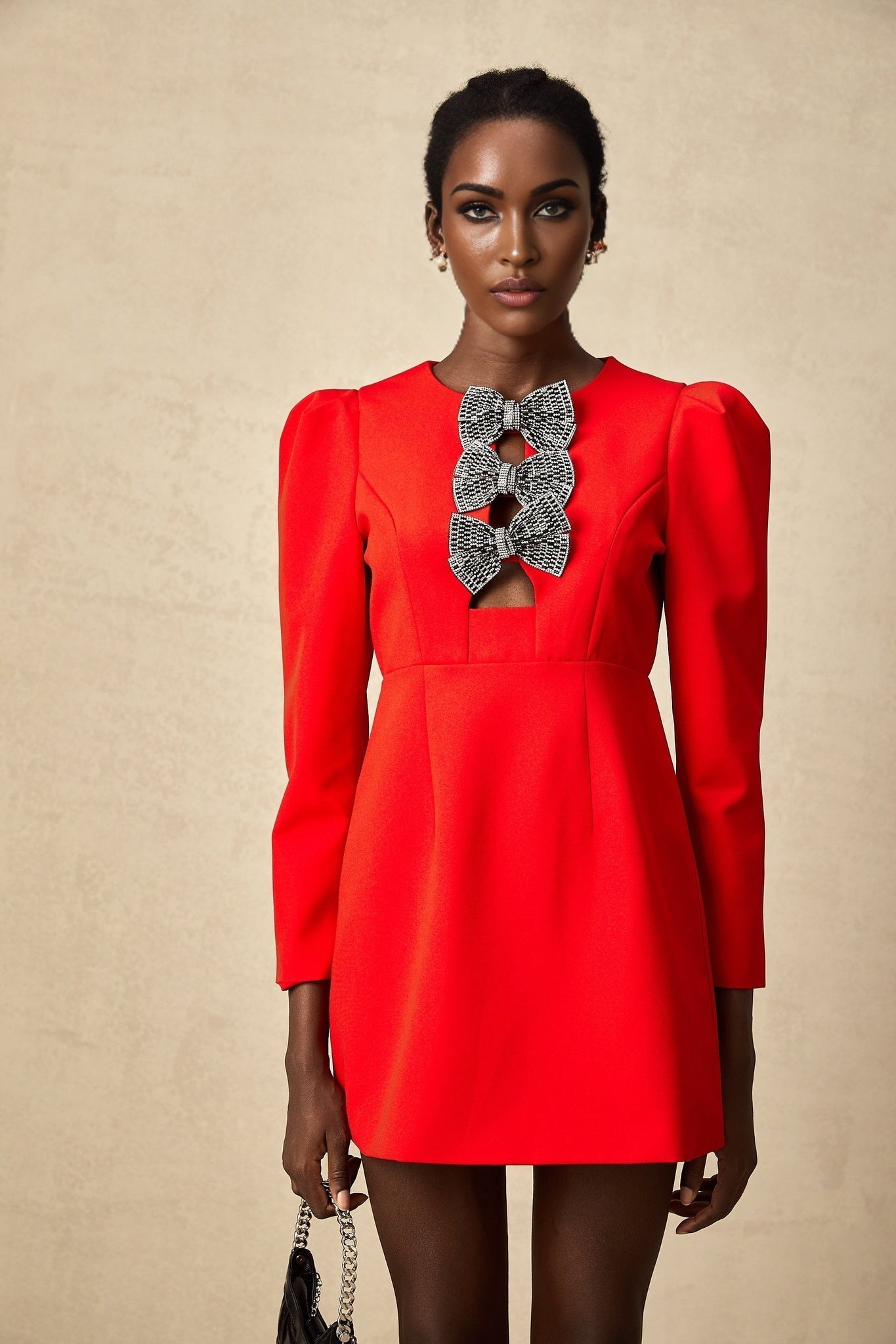 Assuntina Mini Dress - Split Round Neck Design - Elegant Long Sleeves - Delicate Bow Detailing - Modern Open Front Style