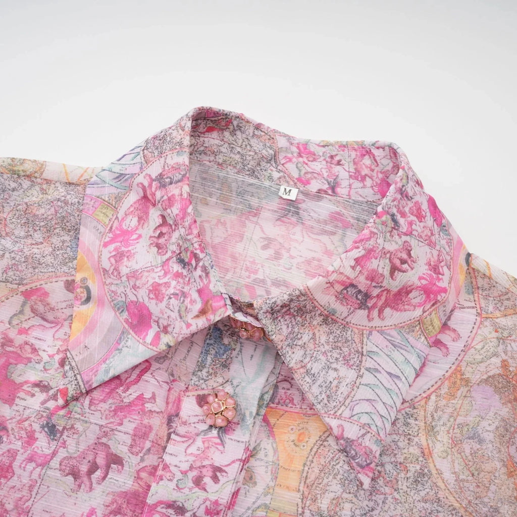 Assuntina Shirt & Skirt Set Pink Pattern - Print Calf Length