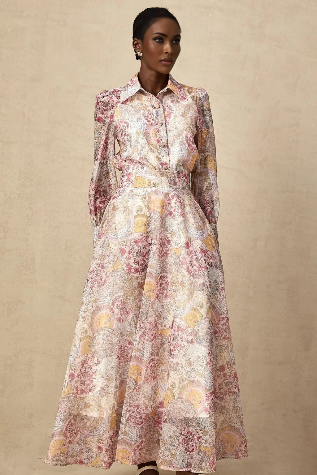 Assuntina Shirt & Skirt Set Pink Pattern - Print Calf Length