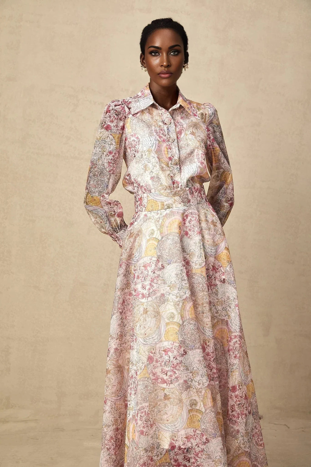 Assuntina Shirt & Skirt Set Pink Pattern - Print Calf Length