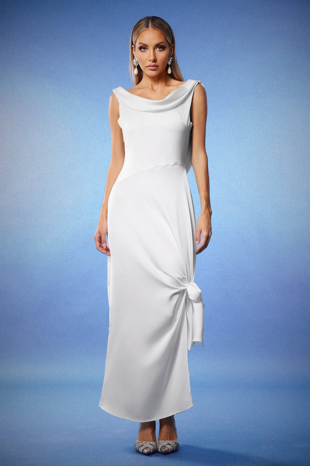 Assuntina White Sleeveless Cowl Neck Side Knot Fishtail Hem Formal Dress