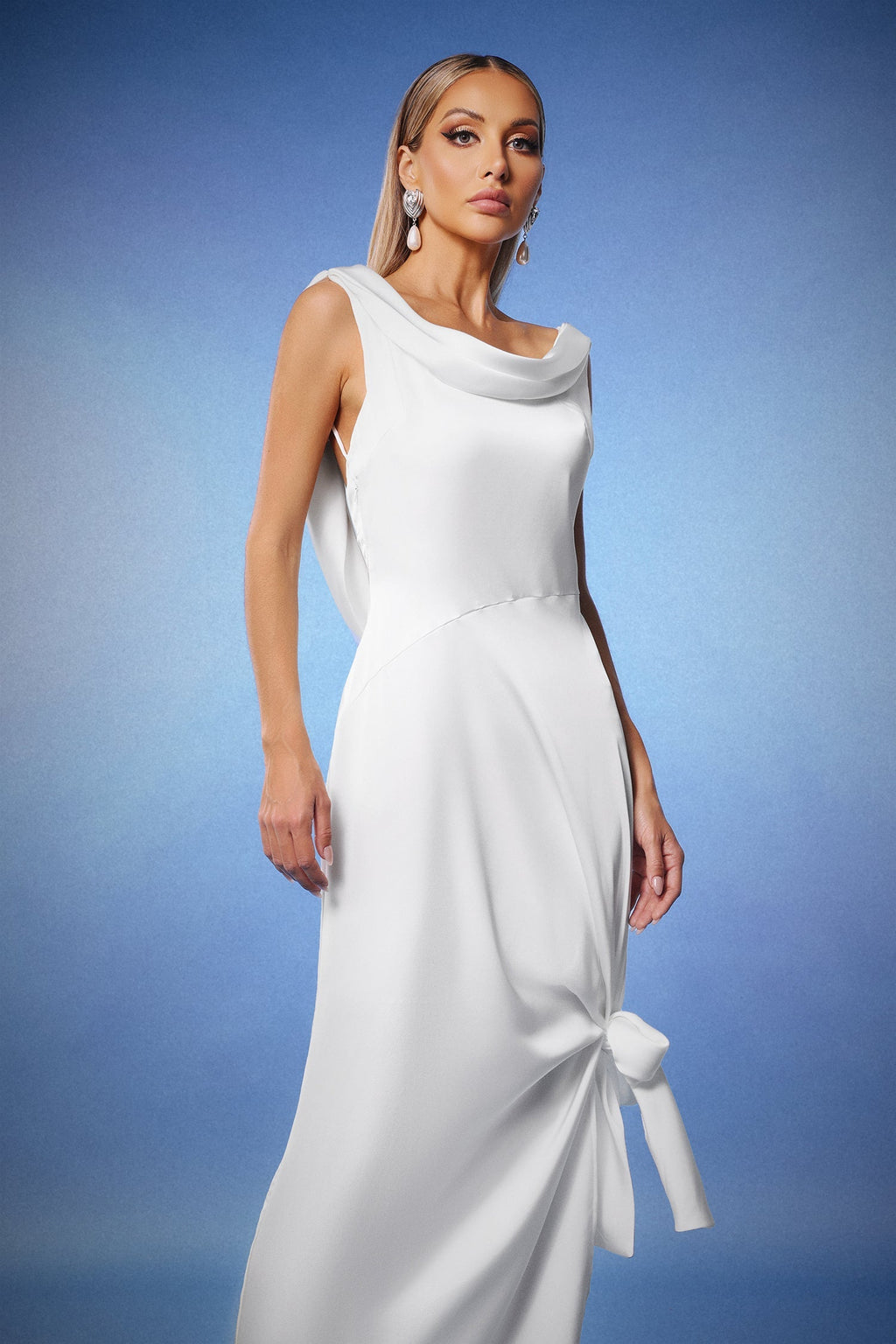Assuntina White Sleeveless Cowl Neck Dress with Side Knot Detailing and Fishtail Hem